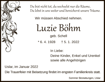 Todesanzeige von Luzie Böhm von HNA