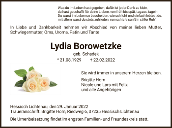 Todesanzeige von Lydia Borowetzke von HNA