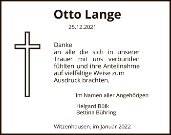 Todesanzeige von Otto Lange von HNA