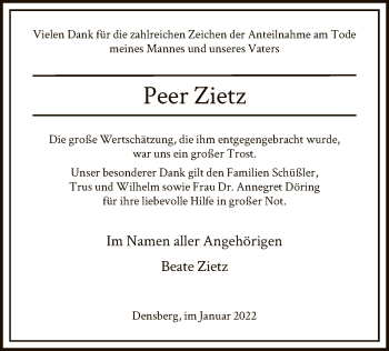 Todesanzeige von Peer Zietz von HNA