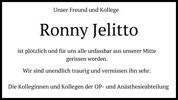Todesanzeige von Ronny Jelitto von HNA