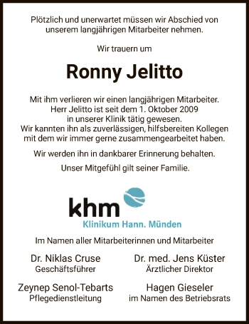 Todesanzeige von Ronny Jelitto von HNA
