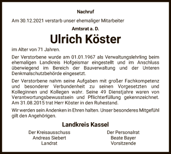 Todesanzeige von Ulrich Köster von HNA