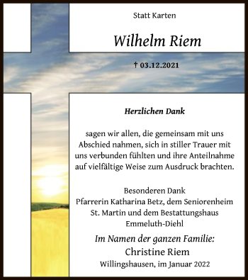 Todesanzeige von Wilhelm Riem von HNA