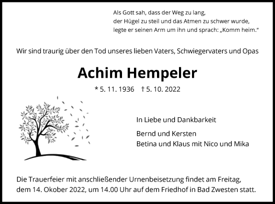 Todesanzeige von Achim Hempeler von HNA