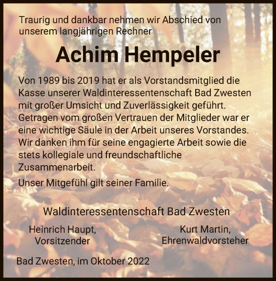 Todesanzeige von Achim Hempeler von HNA