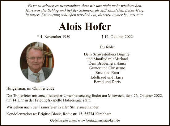 Todesanzeige von Alois Hofer von HNA