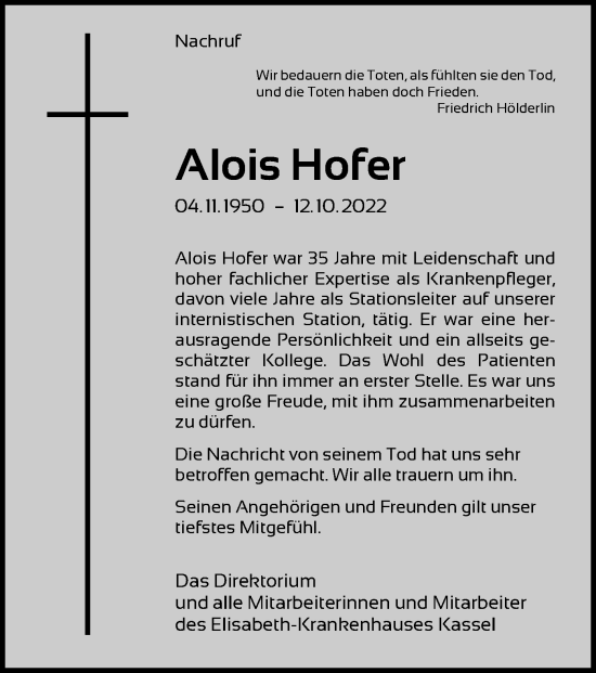 Todesanzeige von Alois Hofer von HNA