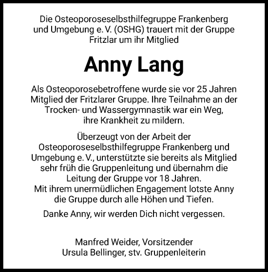 Todesanzeige von Anny Lang von HNA