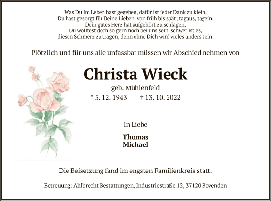 Todesanzeige von Christa Wieck von HNA
