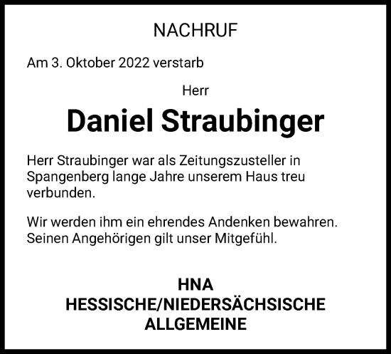 Todesanzeige von Daniel Straubinger von HNA