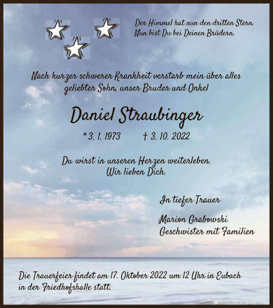Todesanzeige von Daniel Straubinger von HNA