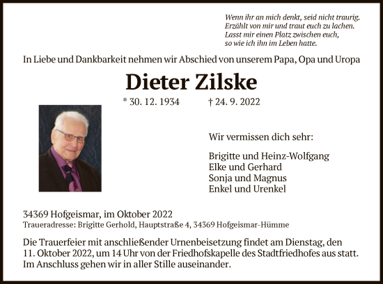 Todesanzeige von Dieter Zilske von HNA