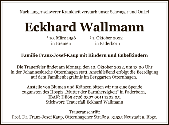 Todesanzeige von Eckhard Wallmann von HNA