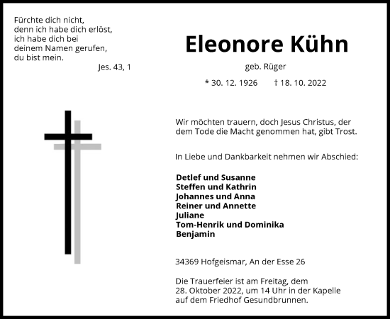 Todesanzeige von Eleonore Kühn von HNA