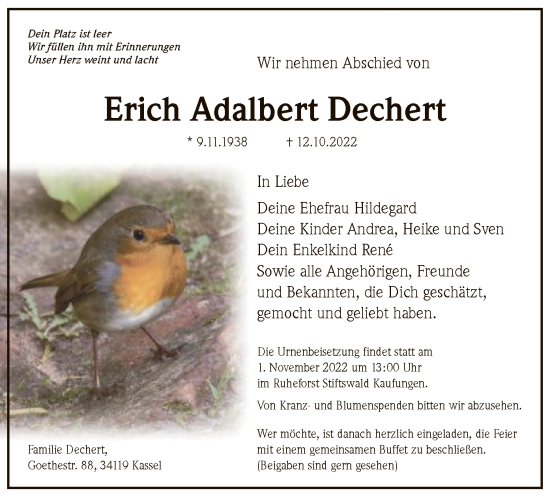 Todesanzeige von Erich Adalbert Dechert von HNA