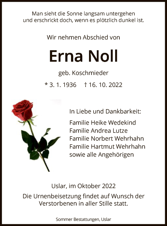 Todesanzeige von Erna Noll von HNA