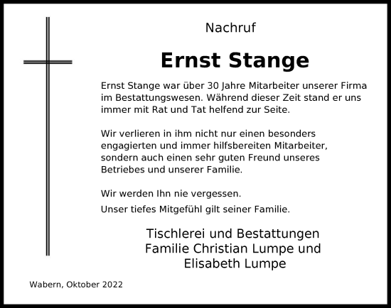 Todesanzeige von Ernst Stange von HNA