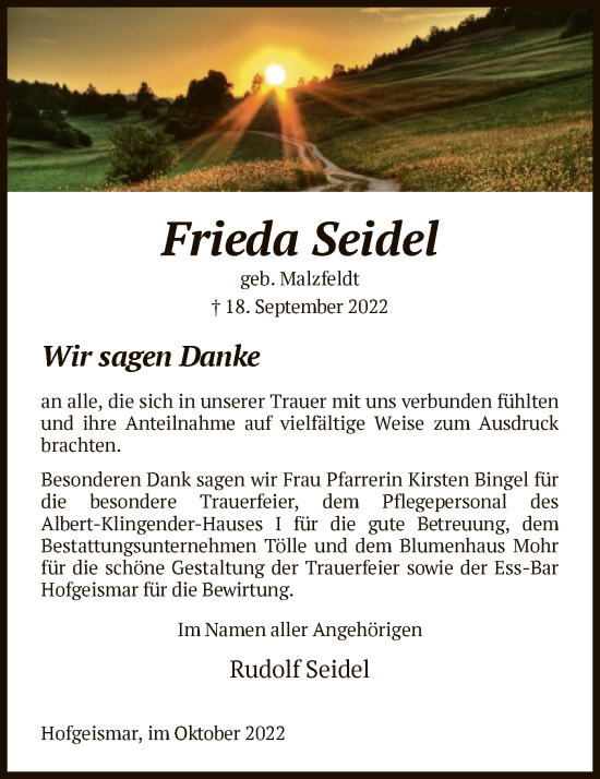 Todesanzeige von Frieda Seidel von HNA