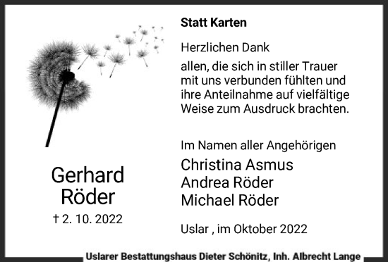 Todesanzeige von Gerhard Röder von HNA