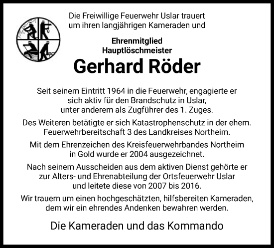 Todesanzeige von Gerhard Röder von HNA