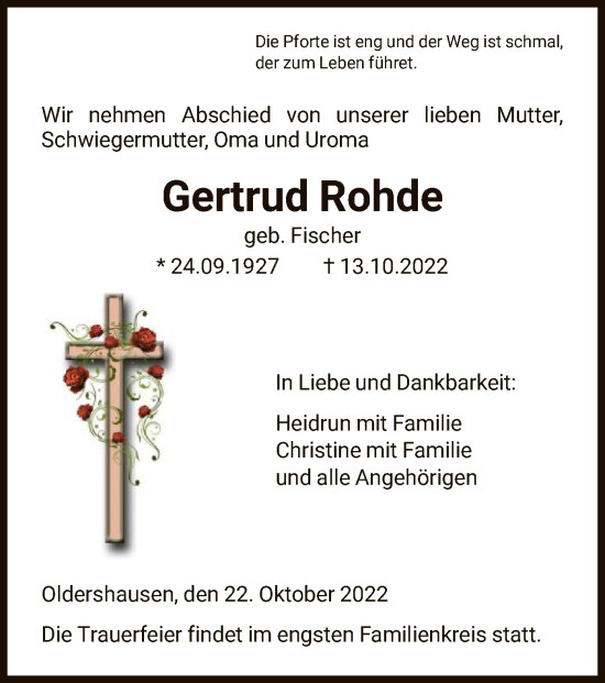 Todesanzeige von Gertrud Rohde von HNA
