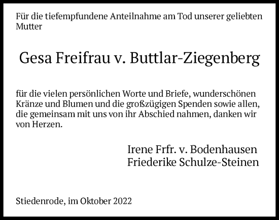 Todesanzeige von Gesa Freifrau v. Buttlar-Ziegenberg von HNA