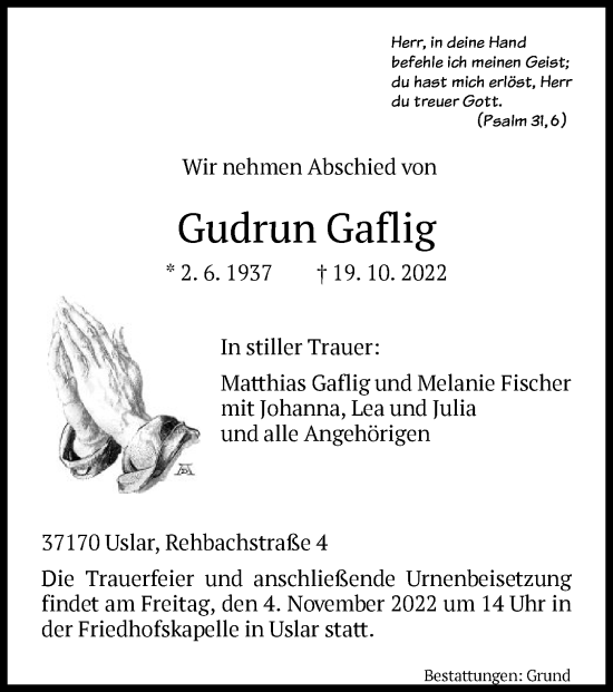 Todesanzeige von Gudrun Gaflig von HNA