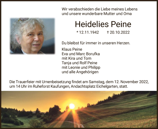 Todesanzeige von Heidelies Peine von HNA