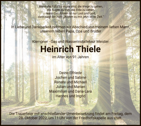 Todesanzeige von Heinrich Thiele von HNA