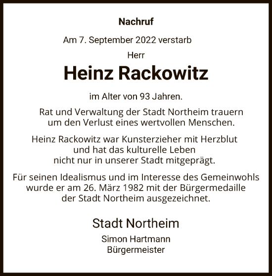 Todesanzeige von Heinz Rackowitz von HNA