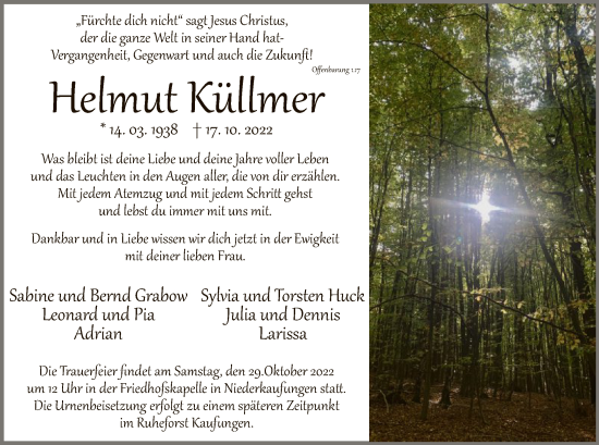 Todesanzeige von Helmut Küllmer von HNA