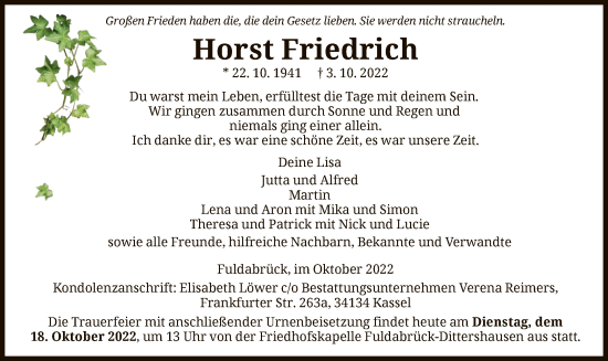 Todesanzeige von Horst Friedrich von HNA
