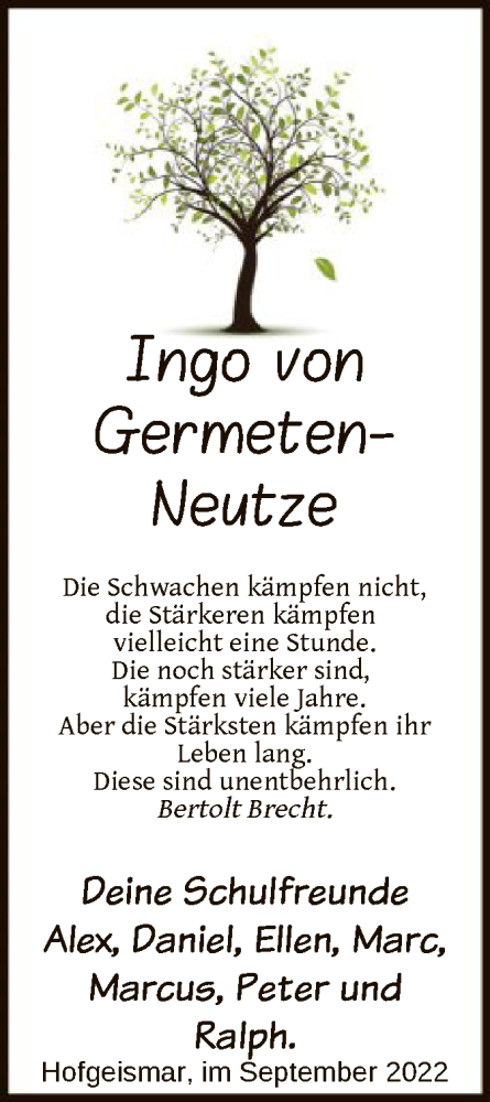 Todesanzeige von Ingo von Germeten-Neutze von HNA