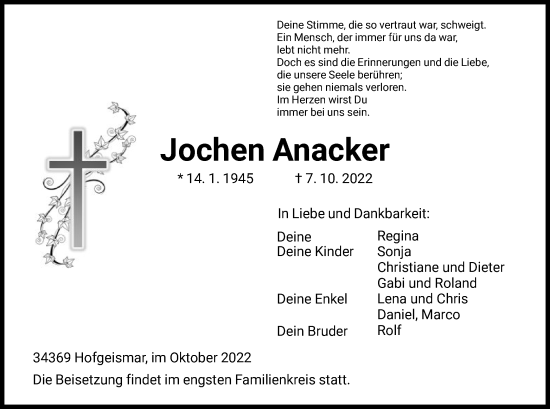 Todesanzeige von Jochen Anacker von HNA