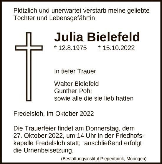 Todesanzeige von Julia Bielefeld von HNA
