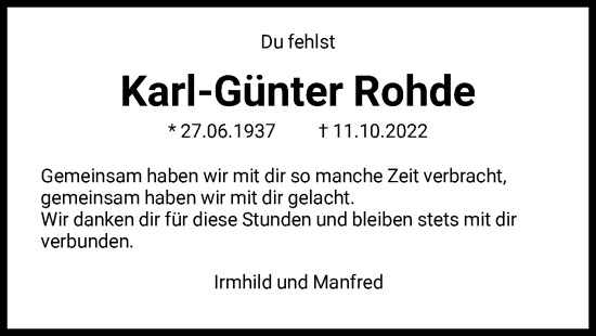 Todesanzeige von Karl-Günter Rohde von HNA