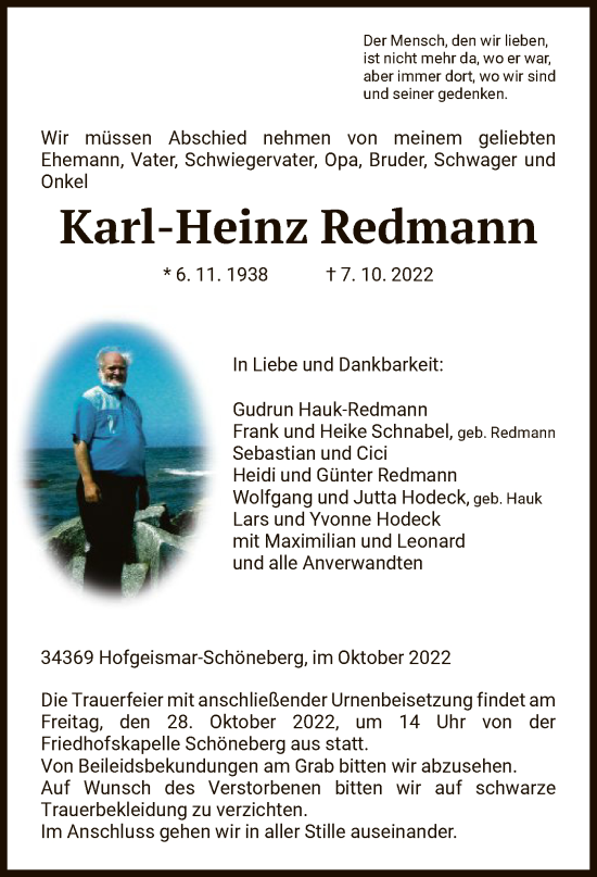 Todesanzeige von Karl-Heinz Redmann von HNA