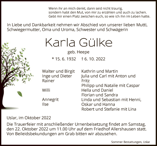 Todesanzeige von Karla Gülke von HNA
