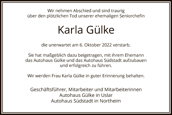 Todesanzeige von Karla Gülke von HNA
