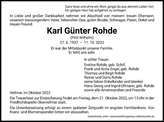 Todesanzeige von Karl Günter Rohde von HNA