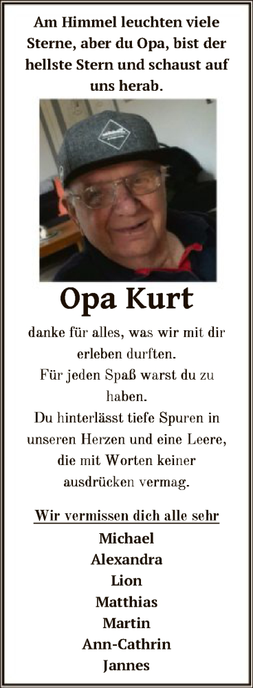 Todesanzeige von Kurt  von HNA