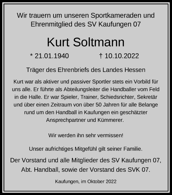 Todesanzeige von Kurt Soltmann von HNA
