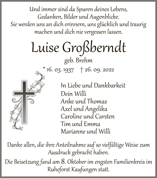 Todesanzeige von Luise Großberndt von HNA