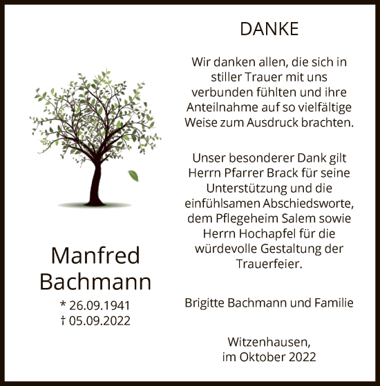 Todesanzeige von Manfred Bachmann von HNA