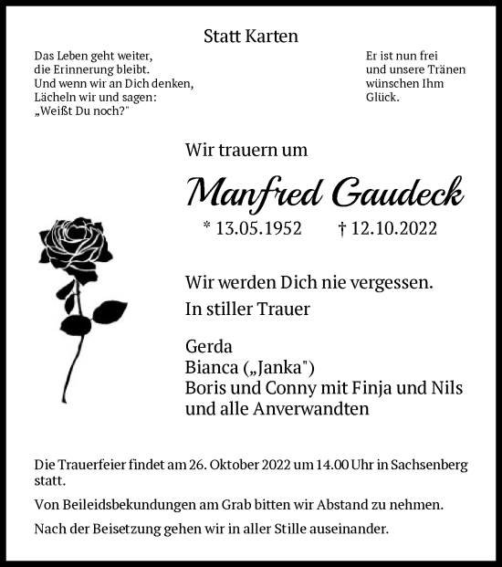 Todesanzeige von Manfred Gaudeck von HNA