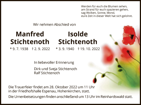 Todesanzeige von Manfred und Isolde Stichtenoth von HNA