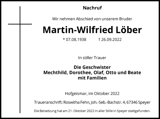 Todesanzeige von Martin-Wilfried Löber von HNA