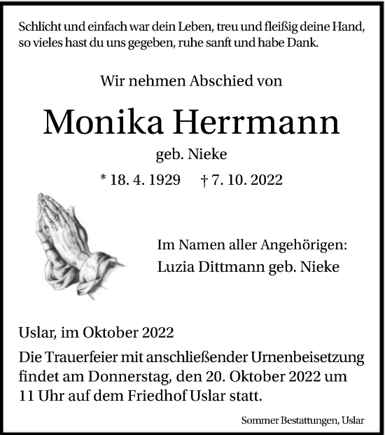 Todesanzeige von Monika Herrmann von HNA