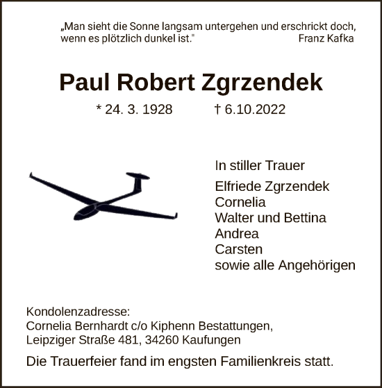 Todesanzeige von Paul Robert Zgrzendek von HNA